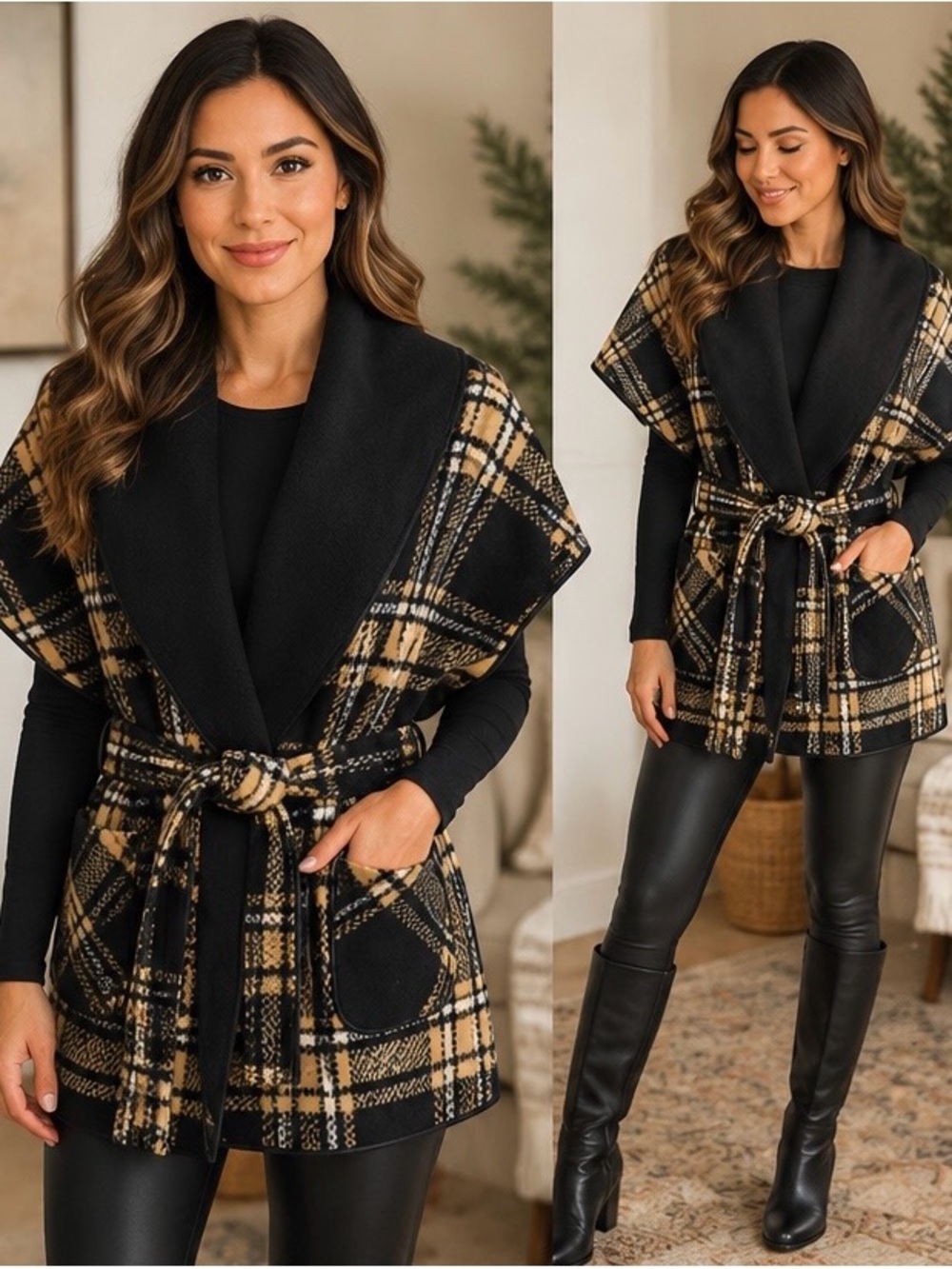 RACHEL ROY Plaid Fleece Cape/Vest/Shawl Collar Belted Black Tan S/M